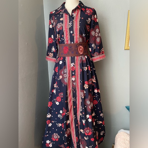 eshakti Dresses & Skirts - eshakti Navy Blue Floral Midi Dress with Red and White Prints